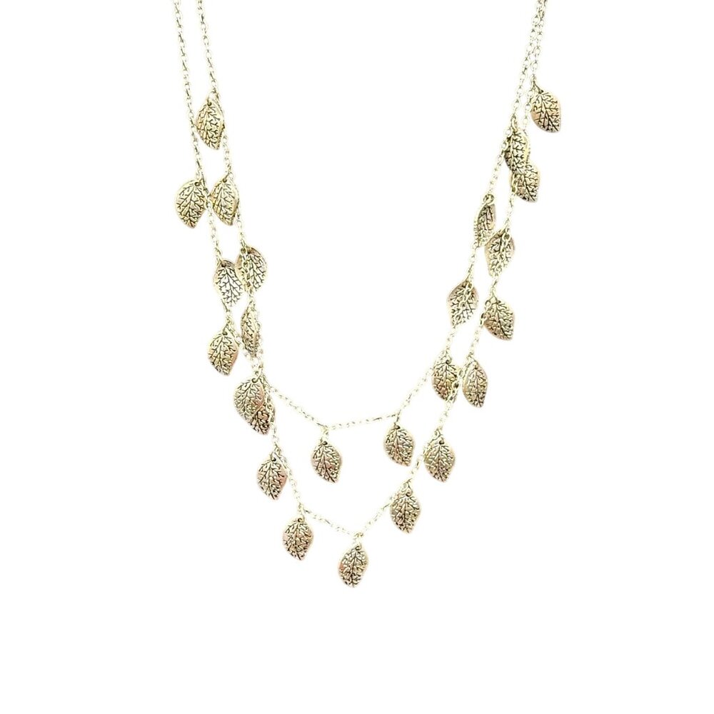 Engraved Leaves Station Double Strand Layered Chain Necklace Silver Tone - Picture 3 of 6